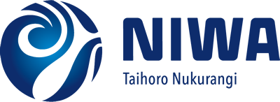 A blue and white swirled sphere with NIWA Taihoro Nukurangi written to the right