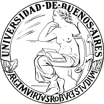 A circle with the University of Buenos Aires written in Spanish along the top half and Latin along the bottom half. A person with a book is in the middle.