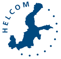 HELCOM with a blue filled in shape of the Baltic Sea