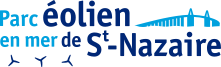 The logo for the windfarm Saint Nazaire includes a blue bridge and blue wind turbines.